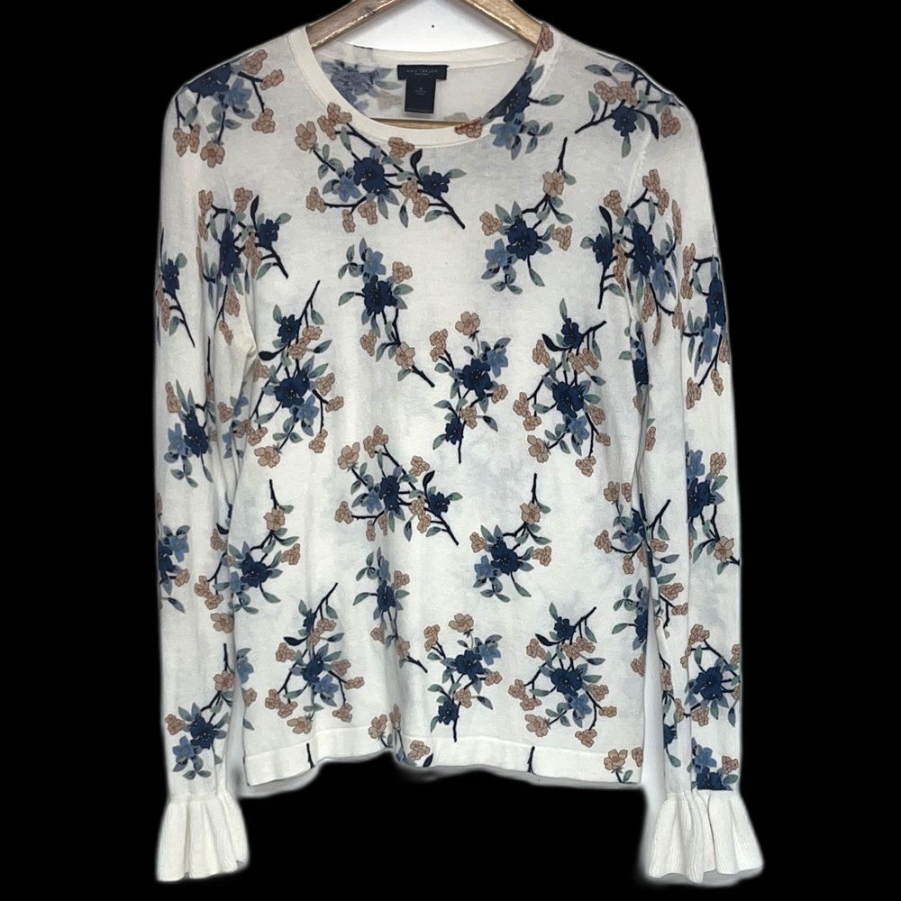 Ann Taylor Sz Medium 100% Floral Cotton Lightweight Sweater, Ruffle Cuff #boho